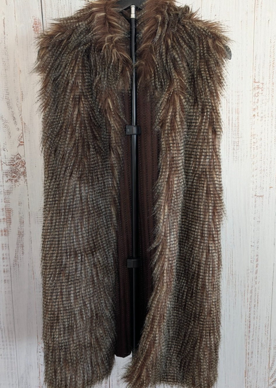 RXB Long Faux Fur Vest Womens M Brown Shaggy Knit Back Open Front Duster Gilet